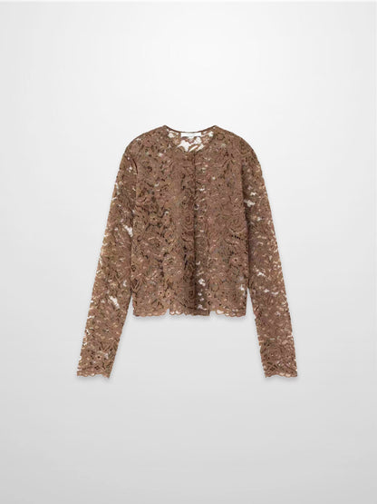 Lace Button Down Cardigan Top-Brown-0