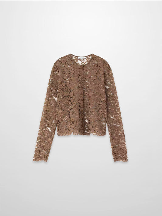 Lace Button Down Cardigan Top-Brown-0