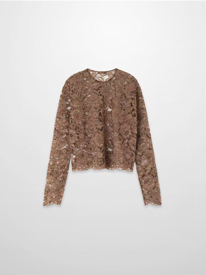 Lace Button Down Cardigan Top-Brown-1