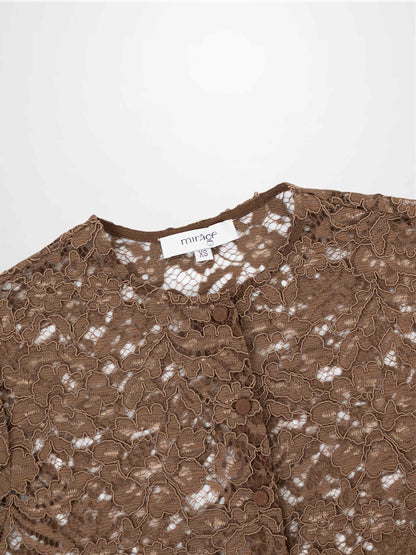 Lace Button Down Cardigan Top-Brown-2