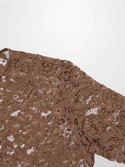 Lace Button Down Cardigan Top-Brown-3