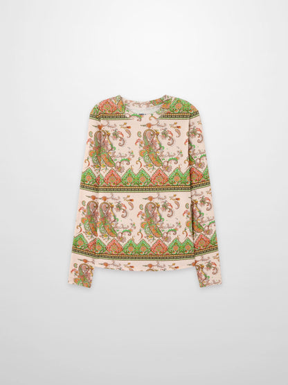 Basic Printed T-shirt-Pink Green Paisley-1