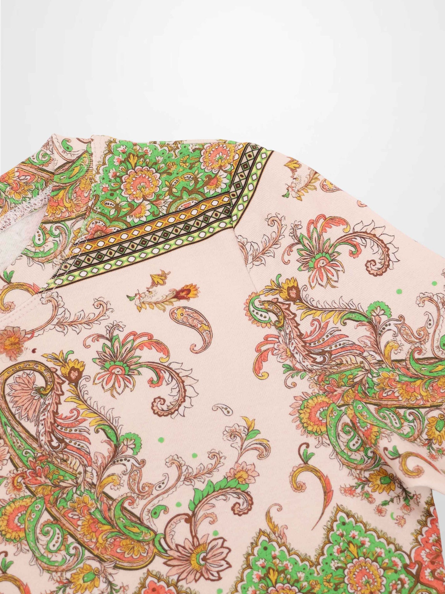 Basic Printed T-shirt-Pink Green Paisley-4