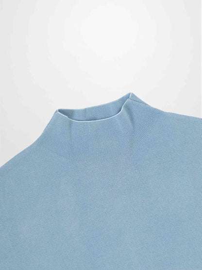 Mock Neck Thin Knit Sweater-Light Blue-2