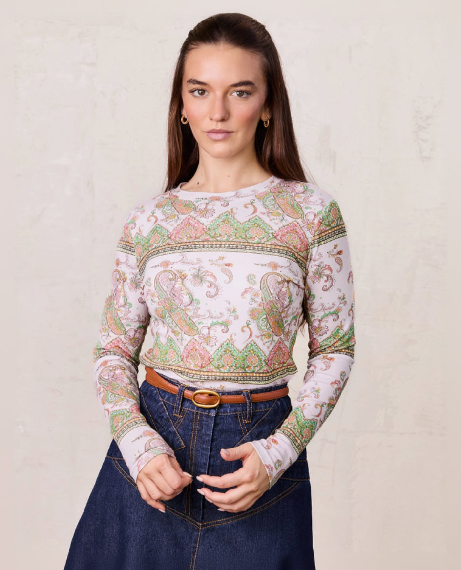 Basic Printed T-shirt-Pink Green Paisley-0