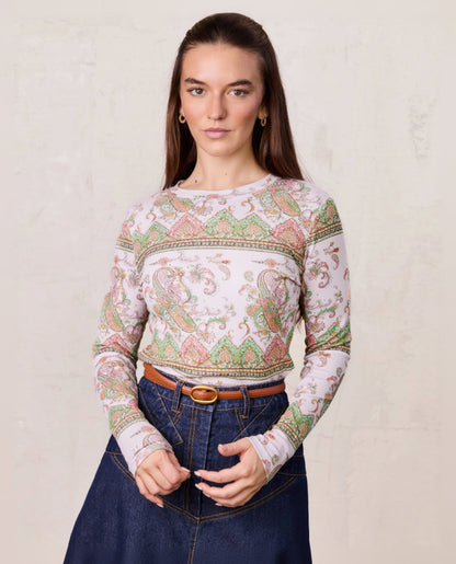 Basic Printed T-shirt-Pink Green Paisley-0