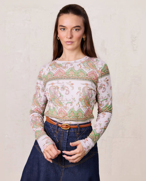 Basic Printed T-shirt-Pink Green Paisley-0