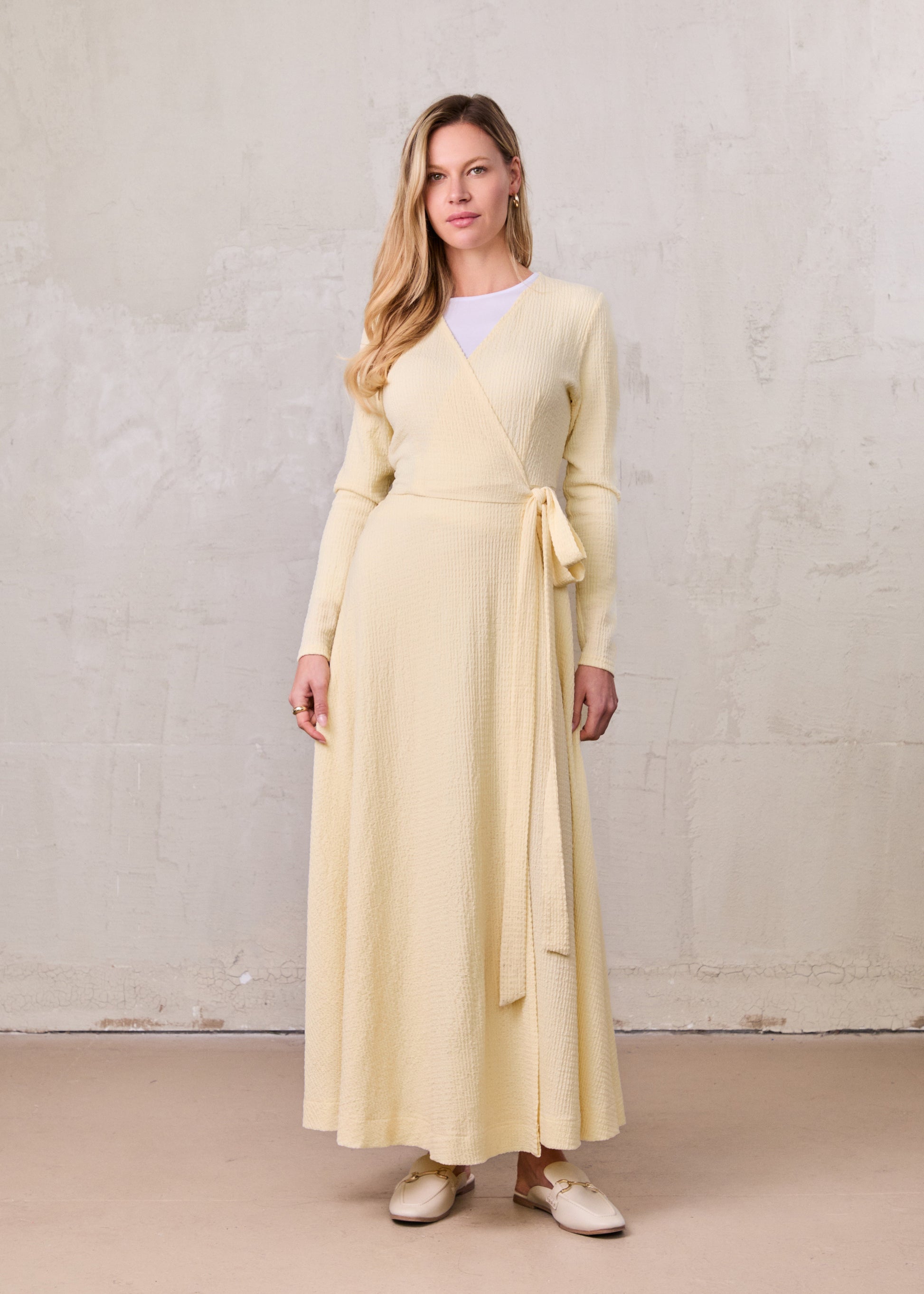 Textured Wrap Maxi Dress-Soft Yellow-0