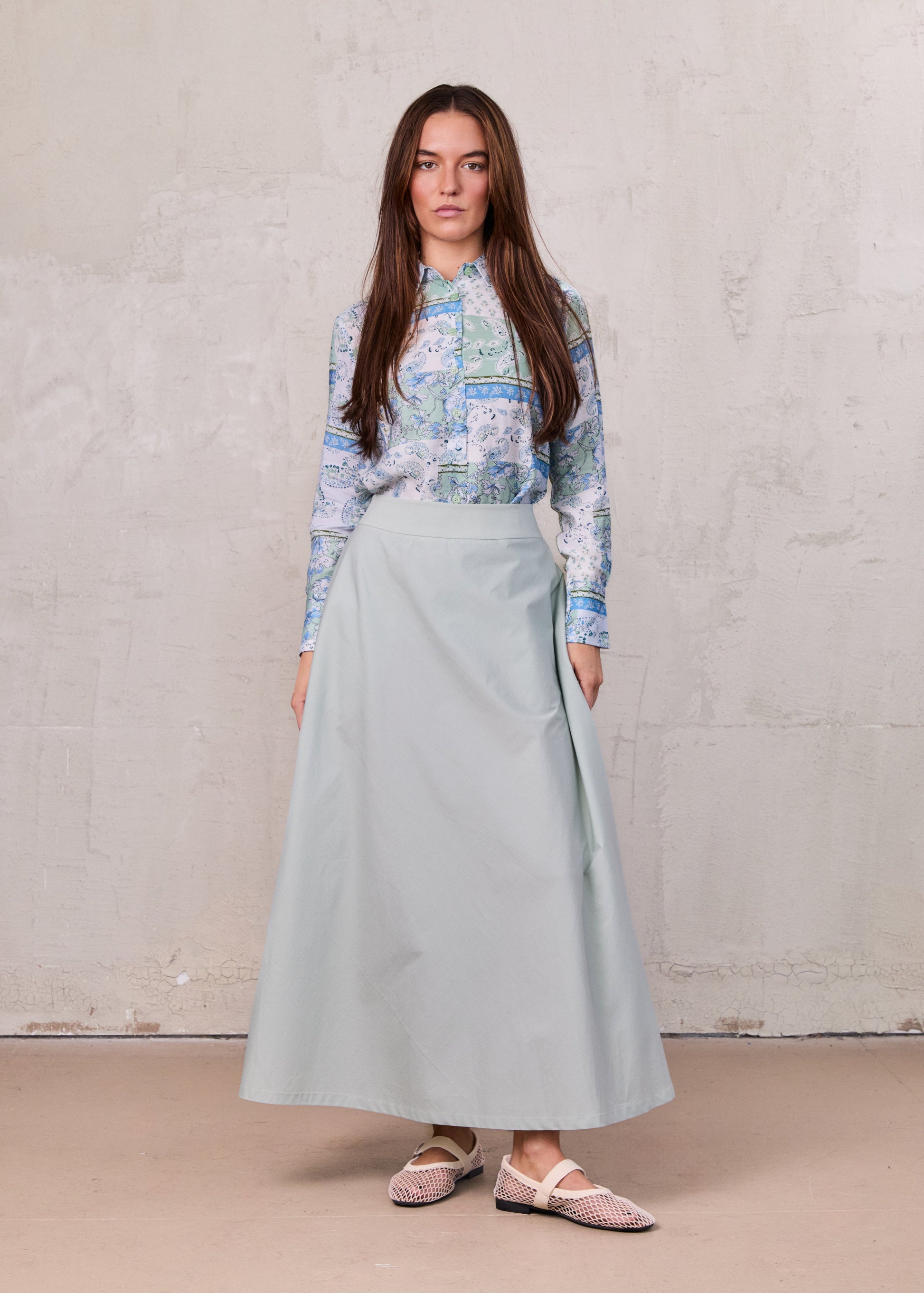Elastic Back Maxi Cotton Blend Skirt-Dusty Mint-0