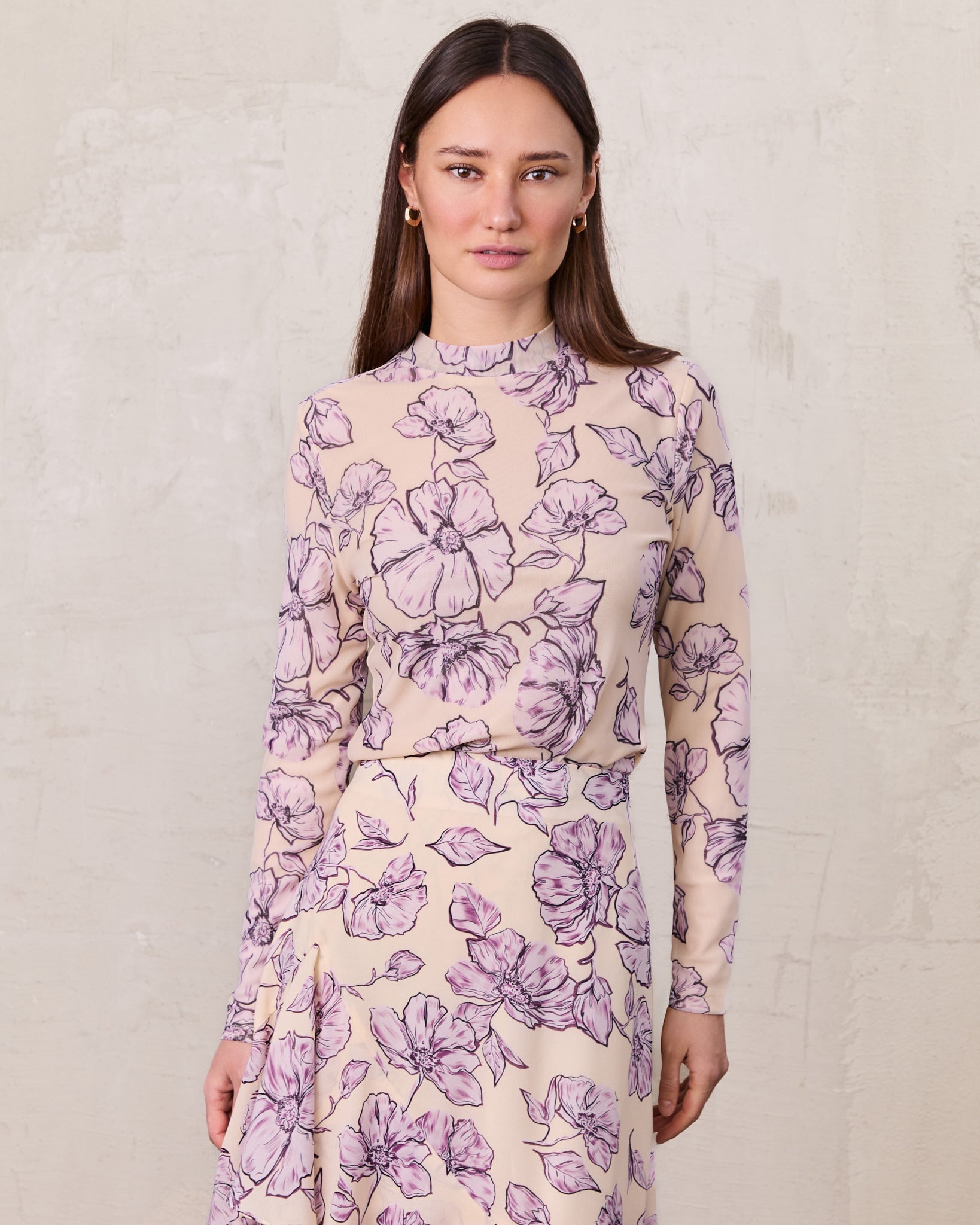 Mesh Crew Neck Print Top-Lavender Floral-0