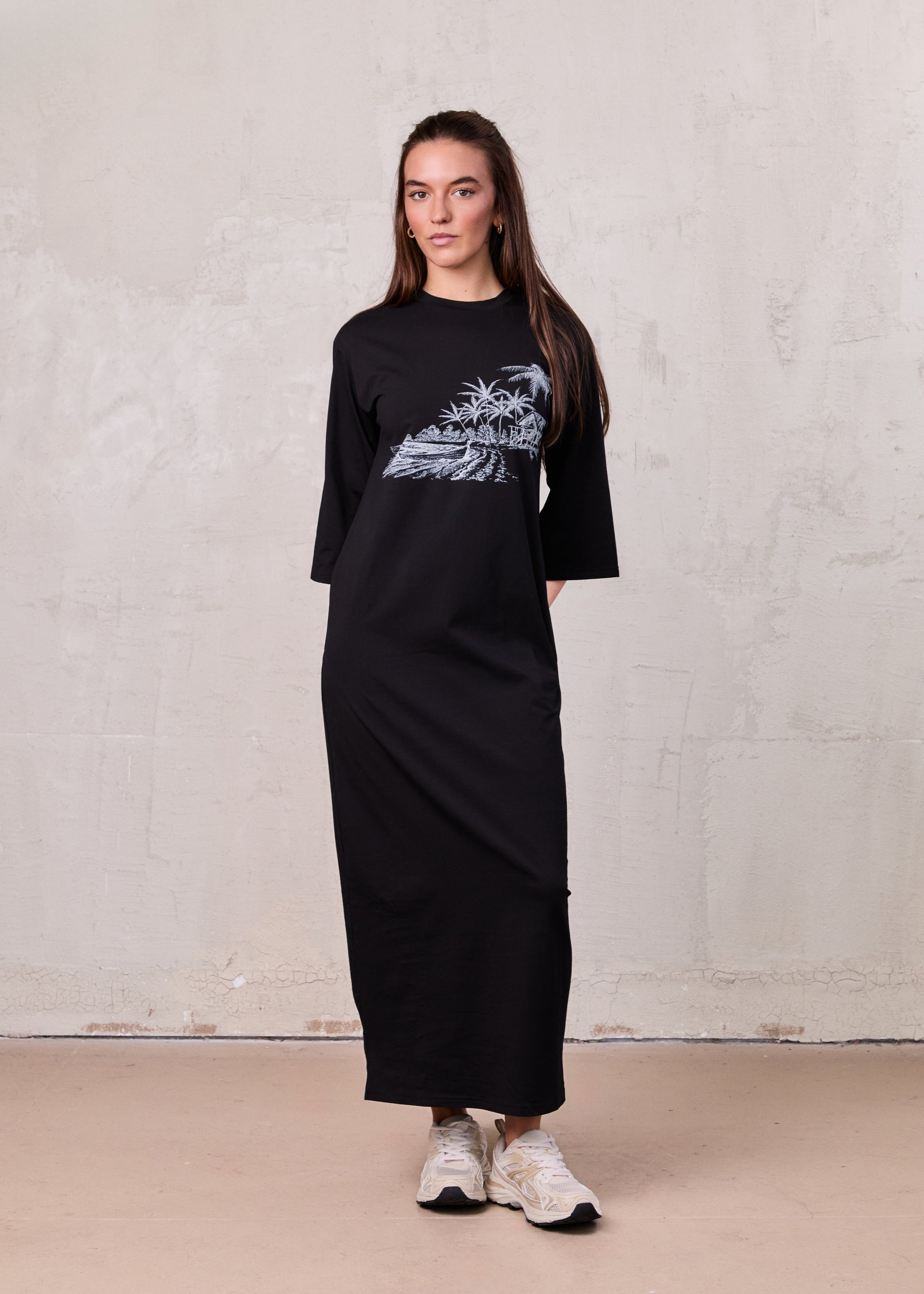 Maxi T-Shirt Dress-Black/White Palm-0