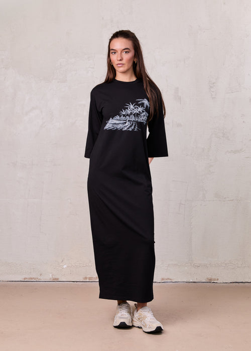 Maxi T-Shirt Dress-Black/White Palm-0