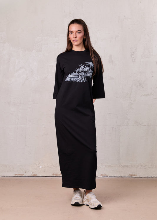 Maxi T-Shirt Dress-Black/White Palm-0
