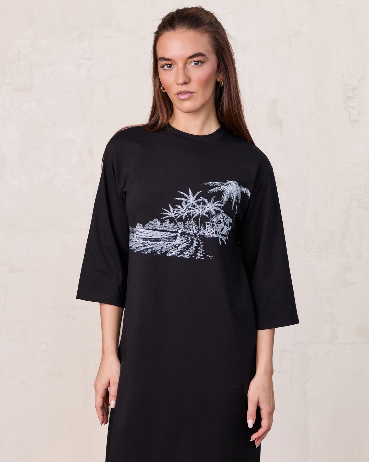 Maxi T-Shirt Dress-Black/White Palm-1