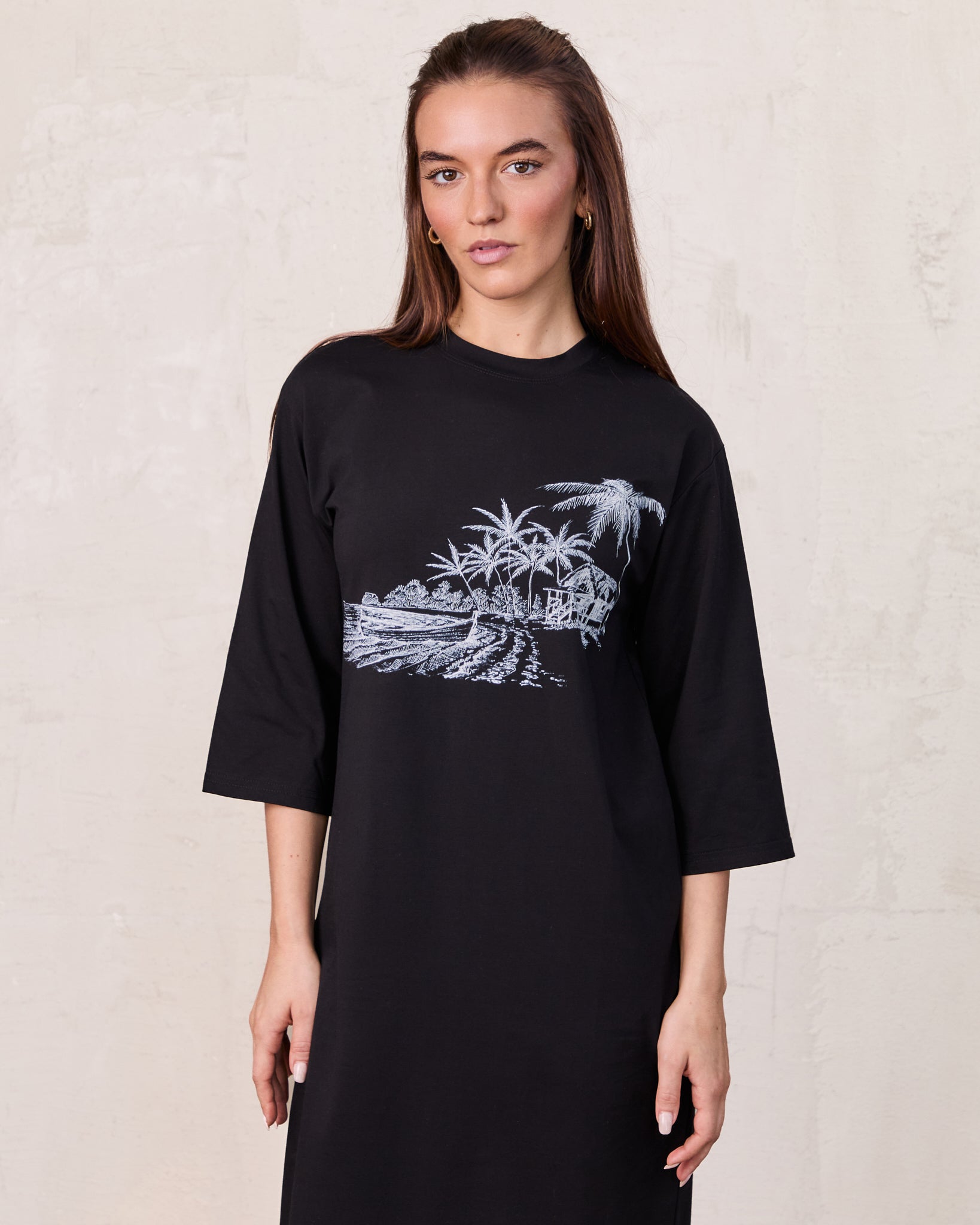 Maxi T-Shirt Dress-Black/White Palm-1