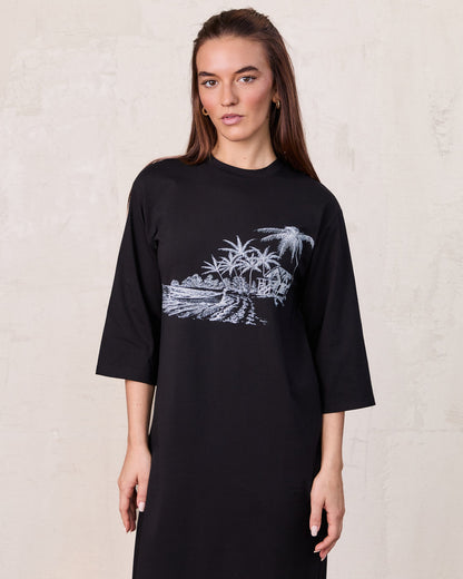 Maxi T-Shirt Dress-Black/White Palm-1