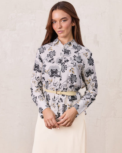 Button Down Collared Blouse-Black/White Floral-0