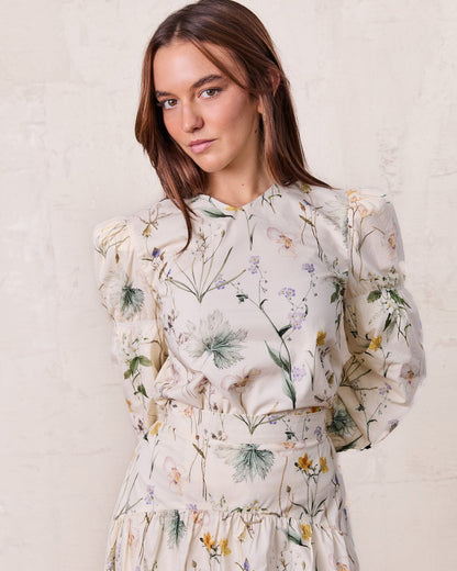High V Puff Sleeve Top-Vintage Floral-0
