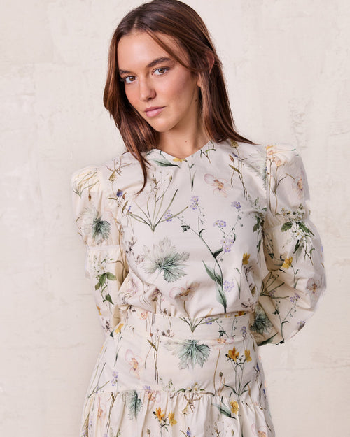 High V Puff Sleeve Top-Vintage Floral-0