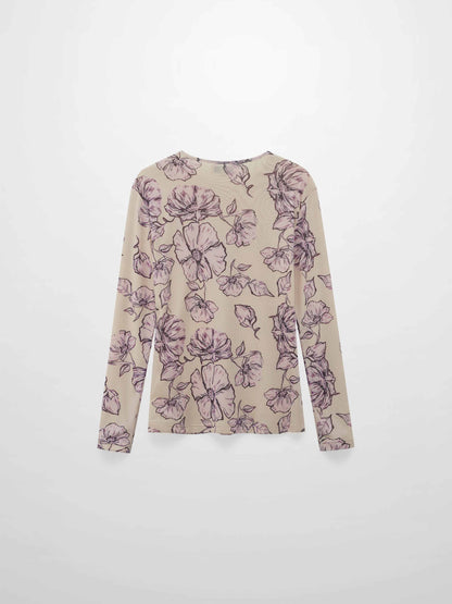 Mesh Crew Neck Print Top-Lavender Floral-2