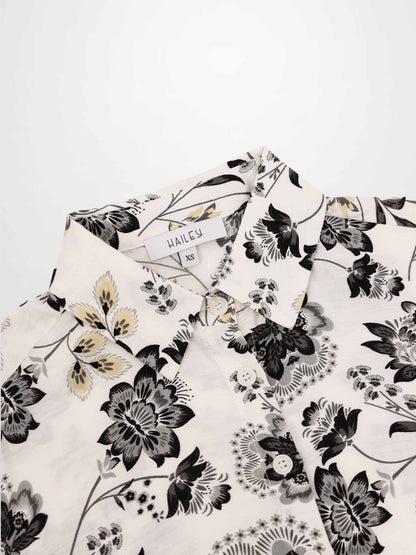 Button Down Collared Blouse-Black/White Floral-4