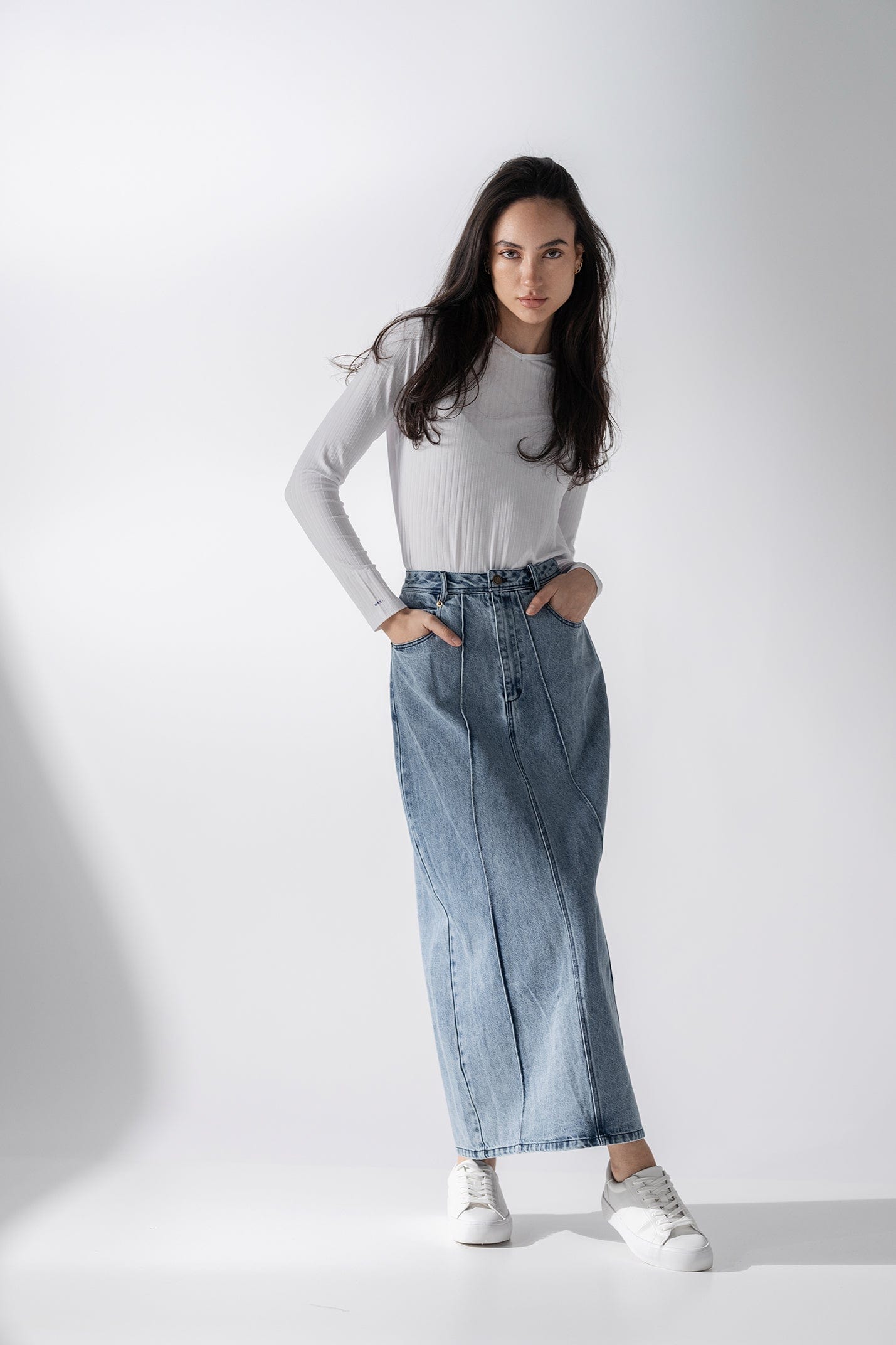 Denim Seamed Skirt-Blue Wash-0